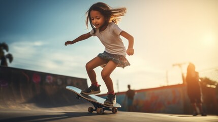 Young girl playing surf skate or skateboard in skate park