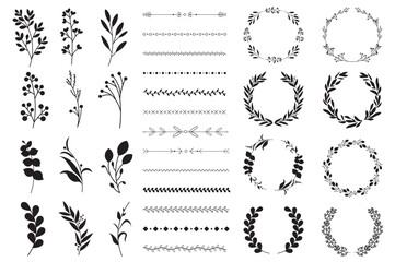 Aufkleber - Flowers, vignettes and wreaths mega set in flat cartoon design. Bundle elements of black graphic twigs or branches, laurel wreaths, botanical borders. Vector illustration isolated graphic objects