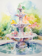 An active fountain with a beautiful landscape around it. Illustration using watercolor medium.