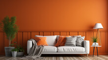 simple Orange living room and orange wall background light grey sofa. generative ai