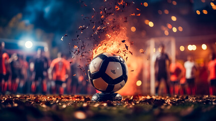 Wall Mural - Soccer ball on fire with burning flames on the background of a soccer match. 