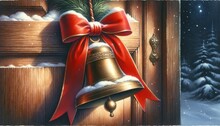 High-quality Watercolor Of A Vintage Brass Bell With A Red Ribbon Hanging Against A Snow-covered Wooden Door, Evoking Festive Anticipation.