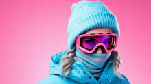 Young Woman In Blue Winter Outfit Wearing Ski Goggles And Warm Knitted Hat Isolated On Pink Background