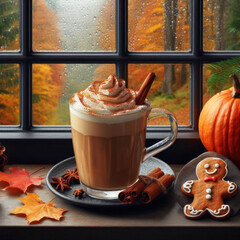 a cup with pumpkin latte and gingerbread on a windowsill decorated with cinnamon pumpkins in front of a window behind which is golden autumn ai generated picture