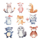 Fototapeta Pokój dzieciecy - Set of cute funny cartoon animals watercolor paint on white background