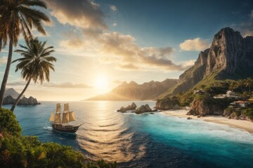 Paradise coast, island, boats and ships at sea, palm trees and mountains at sunset. Travel, tourism, landscape concepts