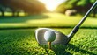 Close-up of a golf ball perched on a tee, with a polished clubhead poised for the swing. The sunlit green and focused perspective evoke the essence of a day at the golf course.