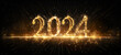 Happy New Year 2024, New Year's Eve firework party celebration holiday greeting card with year, template illustration - Year text made of gold sparkling fireworks sparklers, on black night sky texture