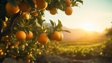 A Bunch Of Bright, Fruity Oranges Growing In An Orange Field Amidst The Setting Sun. Beautiful Natural Scenery Generative AI