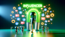 Magnetic Influence: A 3D Character Attracting Digital Affection & Audience Engagement. Word 'INFLUENCER' Glowing Prominently In Neon Green. Magnetic Attraction Of Influencers On Audiences.