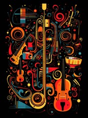 Wall Mural - Abstract image of musical instruments on a black background. International Music Day Poster. 