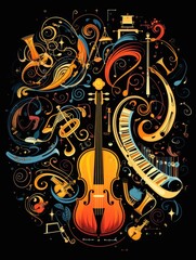 Wall Mural - Abstract image of musical instruments on a black background. International Music Day Poster. 