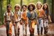 Cheerful multiethnic children group marching along autumn park. Happy smiling boys and girls of different skin colors play and have fun together. Diversity and free communication concept.
