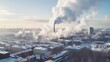 Winter heating season air pollution from burning. City central heating station CO2 or carbon dioxide smoke emissions. Bad and unhealthy air quality from urban chimney. Global warming cause.