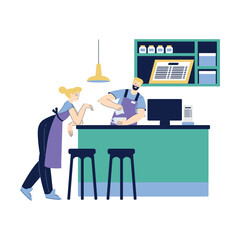 Sticker - Woman Waitress and Man Bartender Character in Purple Apron Stand at Counter Vector Illustration