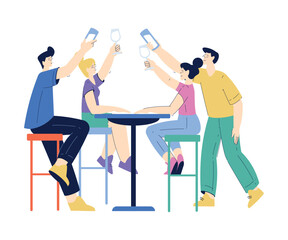 Poster - Man and Woman Character with Glass Enjoying Cold Refreshing Drink at Table as Friend Meeting Vector Illustration