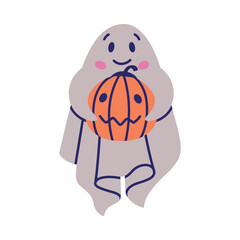 Sticker - Cute Ghost Character Hold Pumpkin as Flying Poltergeist Creature Vector Illustration