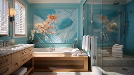 Wall Mural - A bathroom with a coastal theme, featuring aqua-blue tiles, seashell decor, and a beachfront view