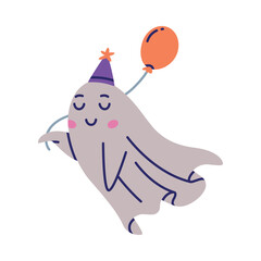 Sticker - Cute Ghost Character Flying in Hat with Balloon Vector Illustration