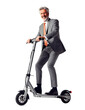 © rvlsoft - Businessman riding a standing electric scooter, isolated on a white background, free movement concept, realistic design illustration, generative ai