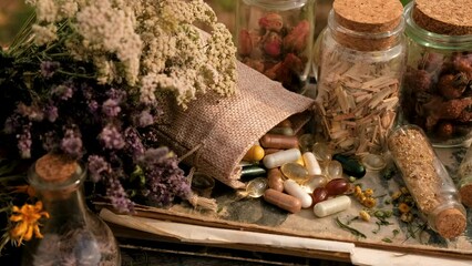 Wall Mural - Capsules supplements of herbs and dried flowers, alternative medicine. Selective focus.