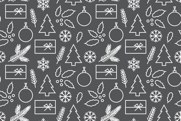 Wall Mural - winter, christmas seamless pattern with fir tree twigs, cones, snowflakes and plant elements-  vector illustration