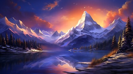 Wall Mural - Realistic landscapes - Alpine mountains and northern lights: “HD landscape - snowy mountain peak, clear sky, sunset colors