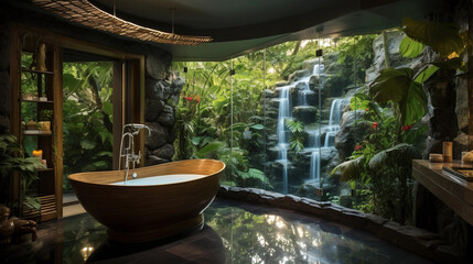 Modern tropical style bathroom with a bathtub