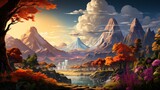 Fototapeta  - An enchanting painting of a vibrant landscape, with majestic mountains looming over a tranquil river, dotted with delicate flowers and crowned with wispy clouds