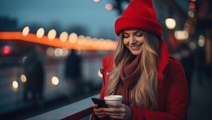 Wall Mural - Woman in red coat and hat holding coffee cup and phone