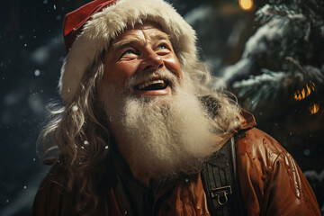 Portrait of Santa, he is cheerful and joyful, winter, snow covered forest