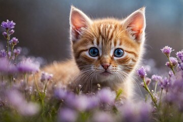  cute yellow cat in the pink flowers, kitten playing in grass