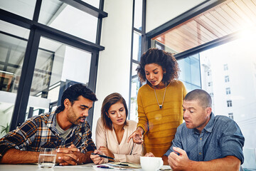 Poster - People, meeting and teamwork with web designer of app, planning and working in development of online marketing. Website, design or group feedback for technology, strategy or creative problem solving