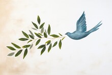 Branch Of Olive Tree With Blue Dove On Grunge Paper Background