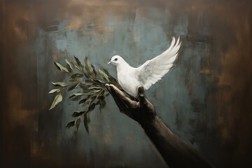 Poster - White dove with olive branch on a man's hand on a dark background