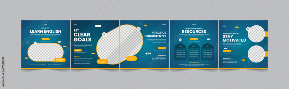 Instagram carousel template for e-learning. Set of editable social media instagram carousel post for education, ielts and academy.
