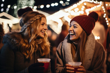 Wall Mural - Two beautiful female friends having god time on traditional Christmas market, drinking hot beverages on winter evening