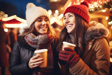 Wall Mural - Two beautiful female friends having god time on traditional Christmas market, drinking hot beverages on winter evening