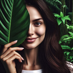 Beautiful woman hiding behind a leaf in the jungle. Cosmetic, wellness, purity, skincare, spa concept. Rainforest. Adventure, travel, ecotourism, freedom, active lifestyle.Exotic plants. Generative AI