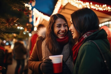 Wall Mural - Two beautiful mix race female friends having god time on traditional Christmas market, drinking hot beverages on winter evening