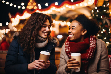 Wall Mural - Two beautiful mix race female friends having god time on traditional Christmas market, drinking hot beverages on winter evening