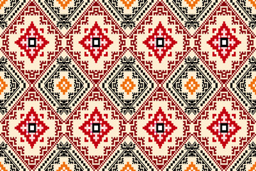 Ethnic Floral Damask Pixel Art Seamless Pattern.  Vector Design for fabric, carpet, tile, embroidery, wallpaper and background