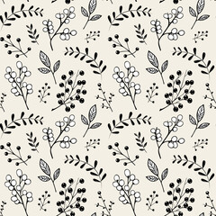  Herbarium monochrome floral pattern. Seamless background with leaves and branches. Hand drawn botanical wallpaper