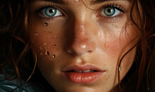 Portrait Of Young Woman With Raindrops On Her Face And Blue Eyes