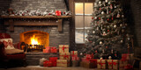 Fototapeta Przestrzenne - Cozy fireplace with stockings and holiday decorations Living room interior with decorated fireplace gifts and christmas trees with large window background
