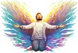 A man with angel wings. Concept of freedom, inspiration and faith. Digital art in watercolor style. Illustration for cover, postcard, greeting card, greeting card, interior design, decor or print.