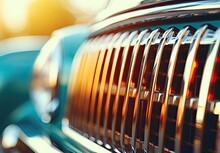 Headlight Of A Retro Car Close-up. Fragment Of A Vintage Car. Front Detail Of A Classic Automobile. Illustration For Banner, Poster, Cover, Brochure Or Presentation.
