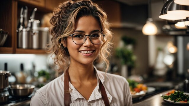 Close-up high-resolution image of a bright young chef working in her fancy kitchen. Generative AI.