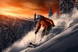 Fototapeta  - skier jumping in the snow mountains on the slope with his ski and professional equipment on a sunny day.