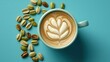 Cup of coffee with latte art and pistachios on blue background. Latte Art Concept With Copy Space